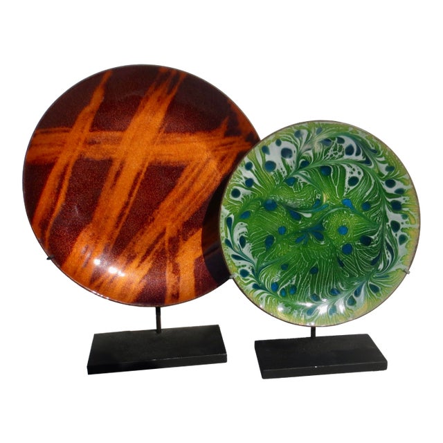 MCM Enamel Trays on Steel Display Mounts- A Pair of 2 For Sale