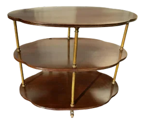 1950s Hollywood Regency 3 Tier Mahogany and Brass Server, Bar Cart on Casters