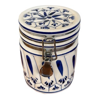 Late 20th Century Hand Painted Blue and White Delft Style Canister With Latch Lid For Sale