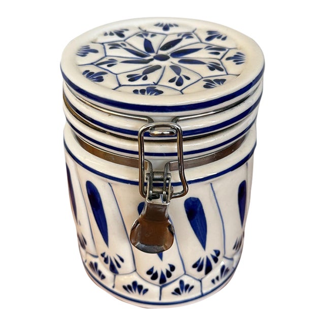 Late 20th Century Hand Painted Blue and White Delft Style Canister With Latch Lid For Sale