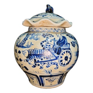 Blue and White Figural Story Lotus Leaf Ginger Jar, Chinoiserie Decorative Porcelain Canister For Sale