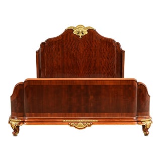 Paul Sormani Style Antique French Provincial Louis XV Burled Mahogany and Gold Gilt Queen Size Bed For Sale