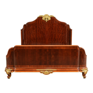 Paul Sormani Style Antique French Provincial Louis XV Burled Mahogany and Gold Gilt Queen Size Bed