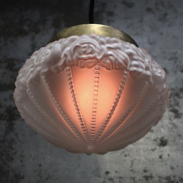 Metal Vintage Industrial Frosted Glass and Brass Pendant Lamp For Sale - Image 7 of 9