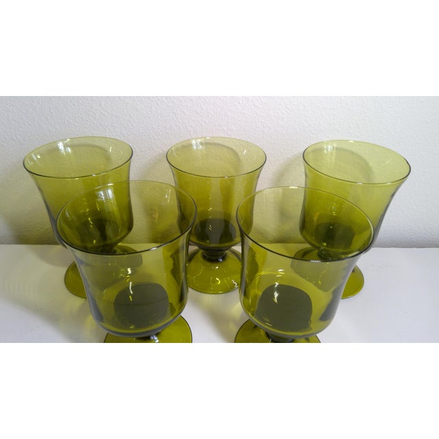 Mid Century Modern Olive Green Stemmed Drinking Glasses Set of 5