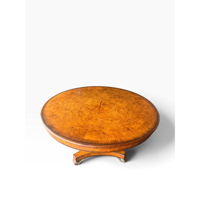 Theodore Alexander Theodore Alexander 48” Burl Walnut Compass Rose Center Dining Table For Sale - Image 4 of 14