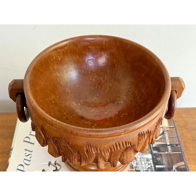 Vintage Carved Burl Wood Bowl With Ring Handles For Sale - Image 6 of 8