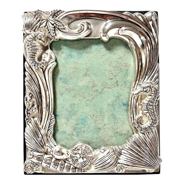 Hollywood Regency Seahorse Picture Frame – Godinger Silverplate Coastal Seashell Frame, Palm Beach Nautical Decor For Sale