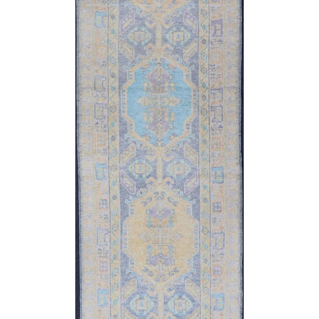 Turkish Oushak Runner in Pale Blue and Soft Gold Medallion Design 2'7 X 12'1 For Sale - Image 4 of 11