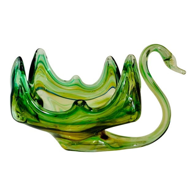 1970s Murano Green Slag Glass Swan Bowl For Sale