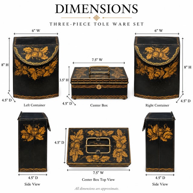 Metal Vintage Black & Gold Floral Toleware 3-Piece Desk Set For Sale - Image 7 of 7