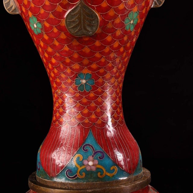 Metal Pair of Gilt Bronze Cloisonné Enamel Fish-Form Vases For Sale - Image 7 of 9