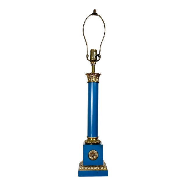 Neoclassical Lapis Lazuli Blue Plated Solid Brass Column Table Lamp For Sale