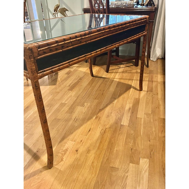 Campaign Vintage British Colonial Style Faux Bamboo Tortoise Finish Writing Desk With Matching Chair For Sale - Image 3 of 12