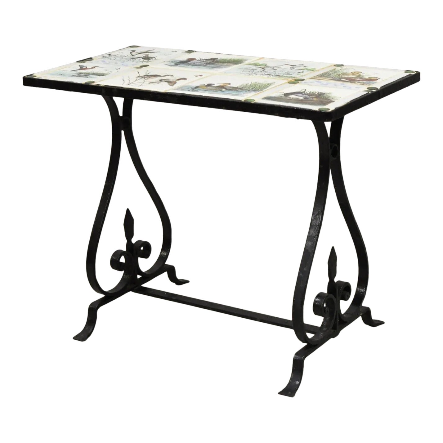 Antique Art Nouveau Wrought Iron Small Side Table With Duck Geese Tile