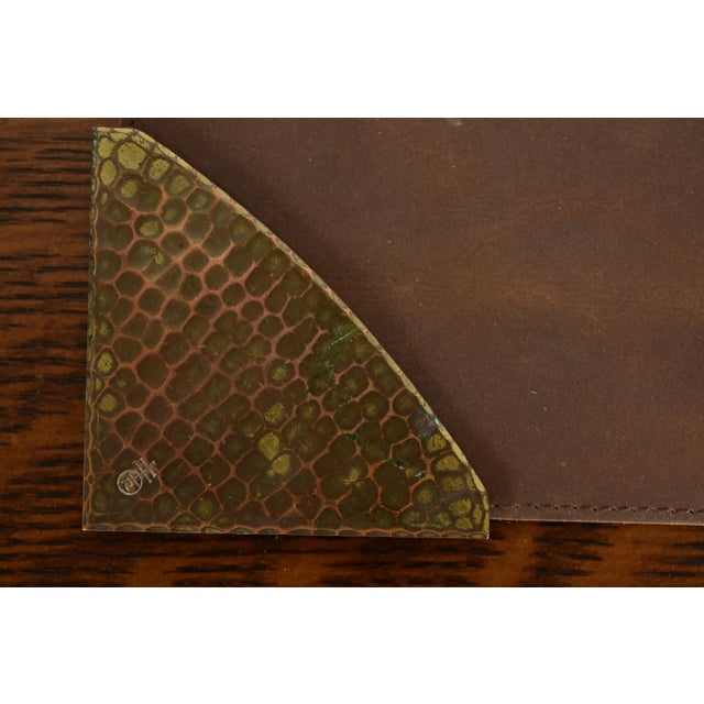 Brass Roycroft Arts & Crafts Brass Finished Hammered Copper Blotter Corners With Leather Desk Blotter For Sale - Image 8 of 13