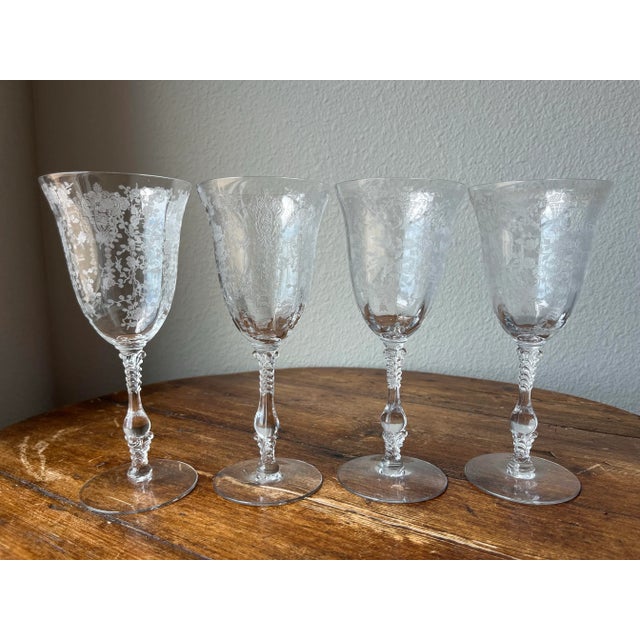 1930s Cambridge Tall Crystal Water Goblets Rosepoint Clear and Portia Clear Patterns- Set of 4 For Sale - Image 11 of 11