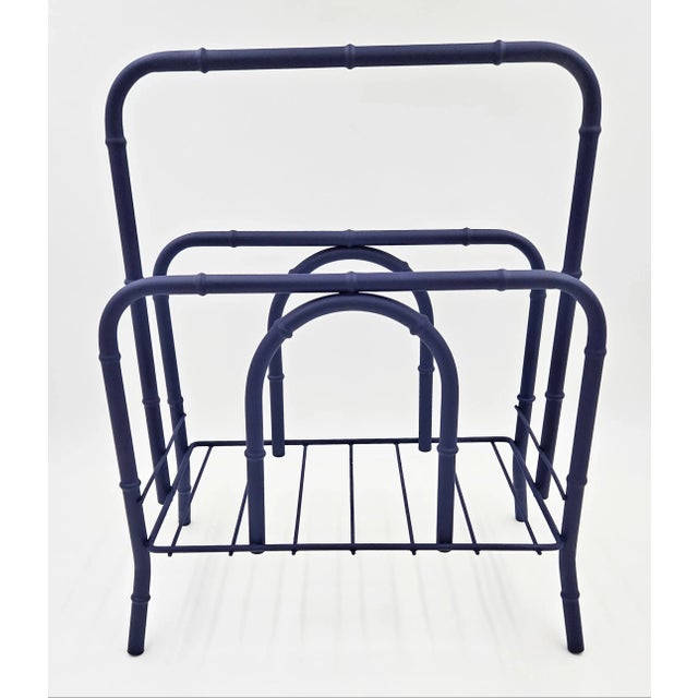 Navy Blue Faux Bois Bamboo Magazine Rack 1950s | Chairish