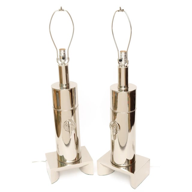 This pair of modernist fabulous vintage James Mont style table or console lamps are from the 60's and restored. They were...