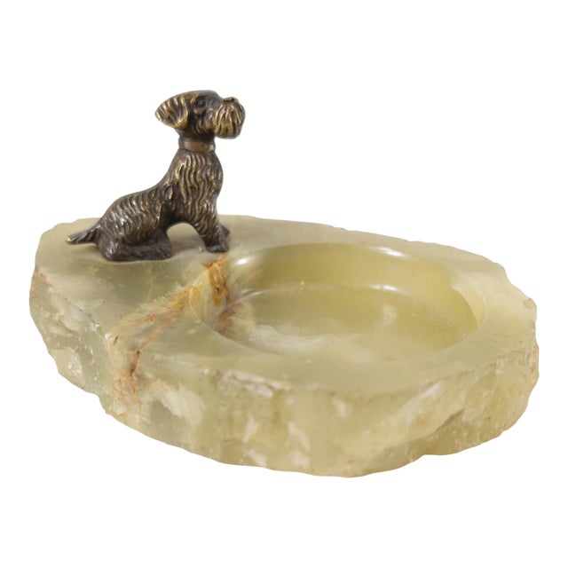 Early 20th Century Art Deco Style Onyx Stone Ashtray With Brass Scotty Dog For Sale