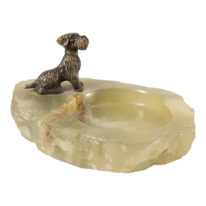 Early 20th Century Art Deco Style Onyx Stone Ashtray With Brass Scotty Dog