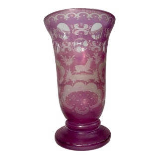 Antique Handmade Engraved German Purple Cut to Clear Glass Vase Cup Chalice For Sale
