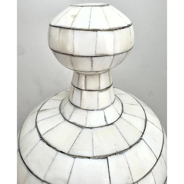 Mid-Century Off-White Mosaic Natural Bone With Brass Inlay Urn or Vase For Sale In New York - Image 6 of 12