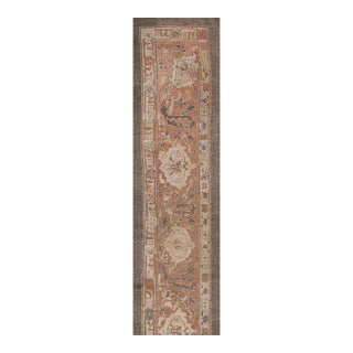 1940s Mid Century Modern Turtle Palmette Apricot Indian Agra Hallway Runner Rug For Sale