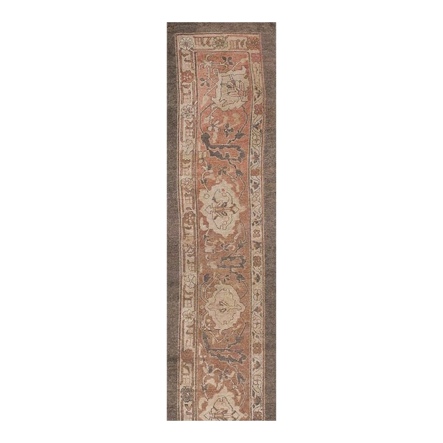1940s Mid Century Modern Turtle Palmette Apricot Indian Agra Hallway Runner Rug For Sale
