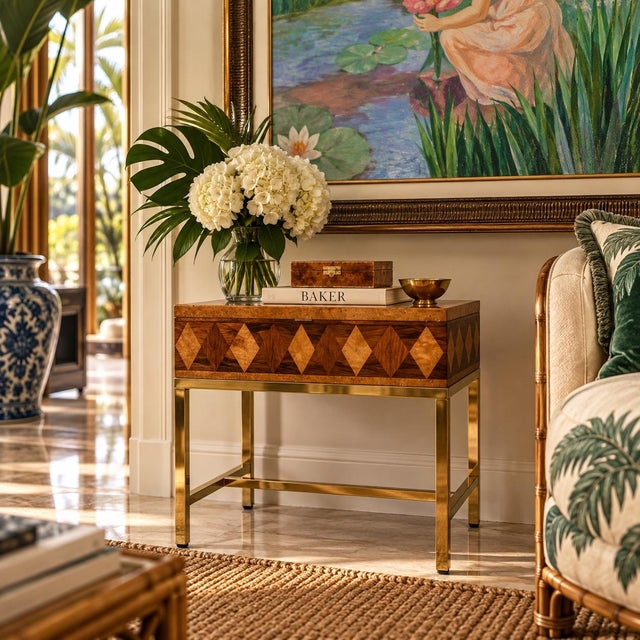 Elegant vintage Baker Furniture Collector’s Edition storage chest featuring a striking geometric marquetry design in...