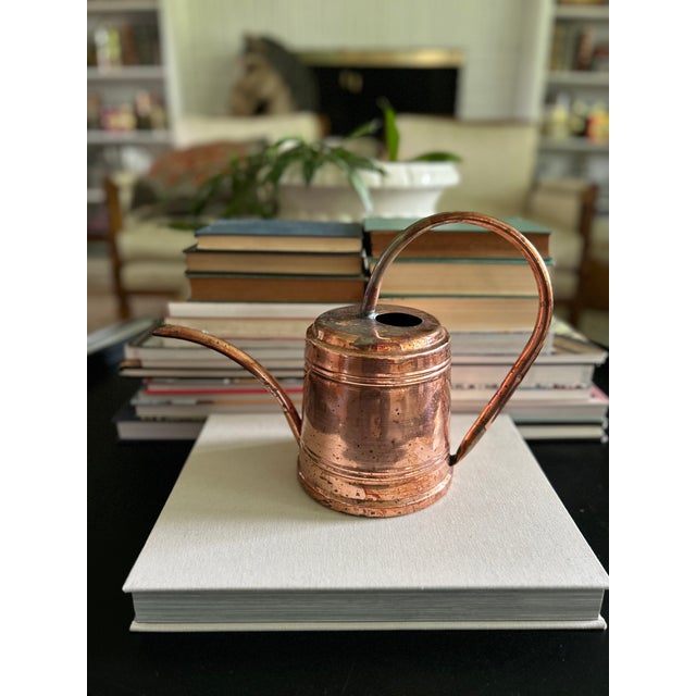 A vintage copper watering can with an elongated curved spout, arched handle and richly mottled aged surface. The...