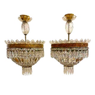 Italian Circular Crystal and Bronze Ceiling Lights, 1960s, Set of 2 For Sale