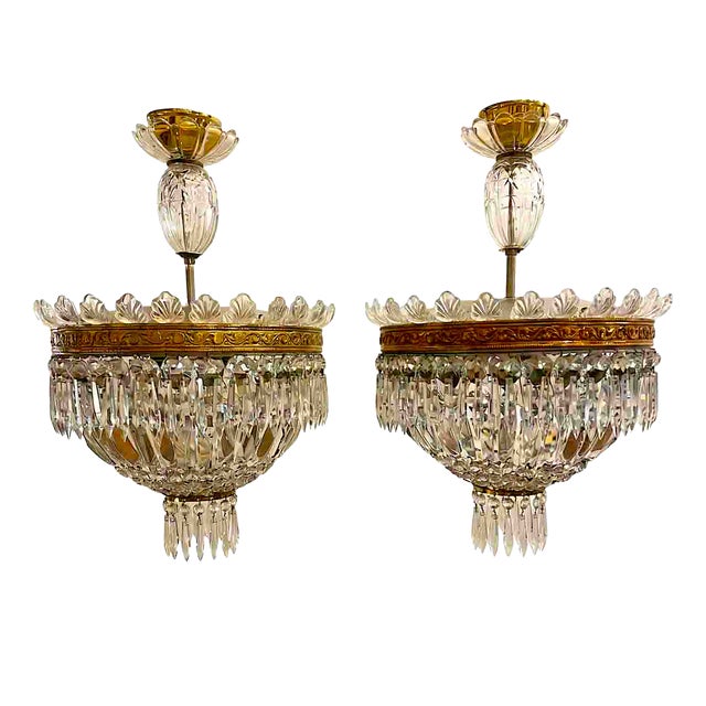 Italian Circular Crystal and Bronze Ceiling Lights, 1960s, Set of 2 For Sale
