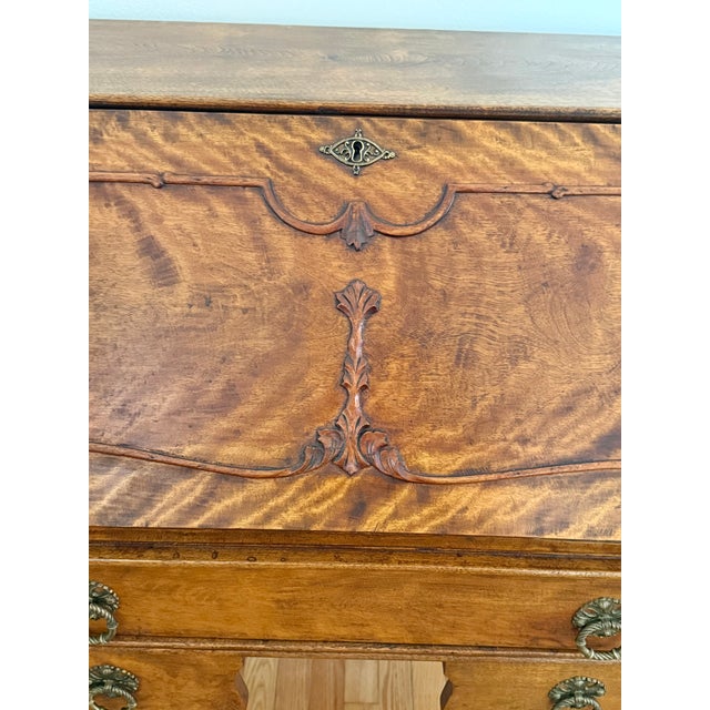 Baker Furniture Company Antique French Provincial Tiger Maple Slant-Front Secretary Desk For Sale - Image 4 of 13