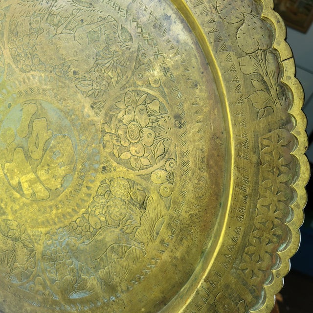 Lg VTG Oriental Brass Serving Tray or Wall Decor Hong Kong W/Hanger + Stand Boho For Sale - Image 4 of 13