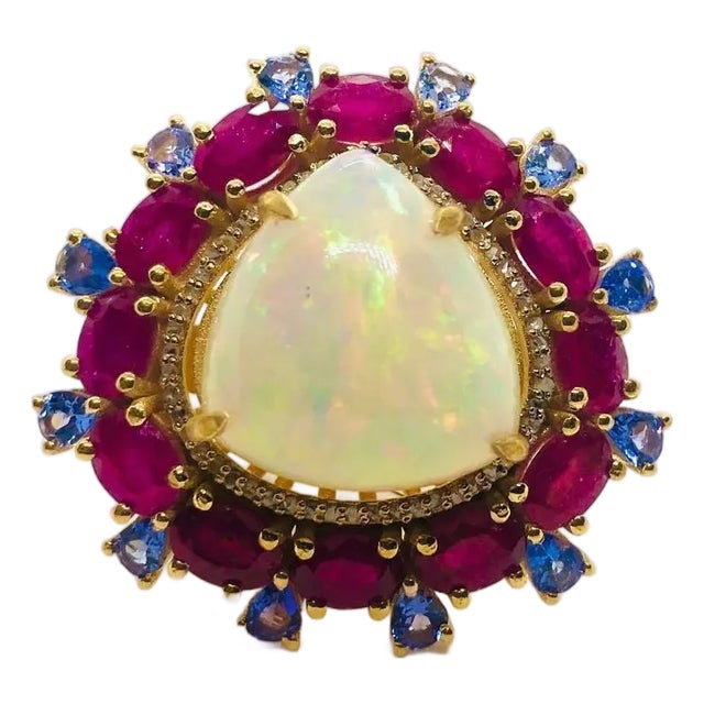 Bochic “Capri” Vintage Ruby, Tanzanite, Opal & Diamond Cocktail Ring — 18K Gold For Sale