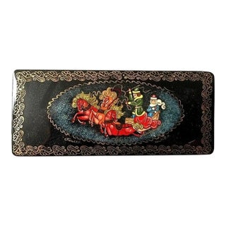 1920s Antique Hand Painted Signed Christmas Sleigh Lacquerware Box For Sale