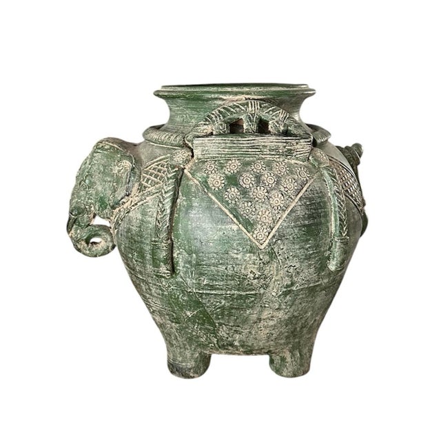 Mid 20th Century Vintage Asian Pottery Elephant Vase / Pot / Vessel in a Matte Green Glaze For Sale - Image 5 of 7