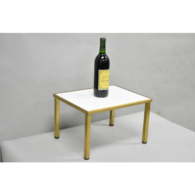 Vintage Italian Mid Century Modern Small 15" Patinated Bronze Brass Pedestal Display Stand with White Plexiglass Top....