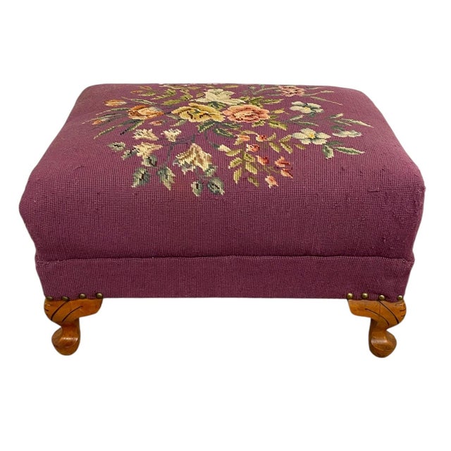 Vintage Upholstered Footstool Ottoman With Floral Needlepoint and Carved Wood Legs For Sale - Image 4 of 10