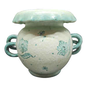 Signed, Aged Turquoise Double Handle Violet Vase