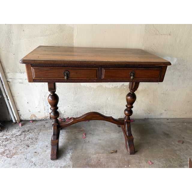 Antique Writing Table / Console With Turned Legs & Brass Pulls For Sale - Image 4 of 4