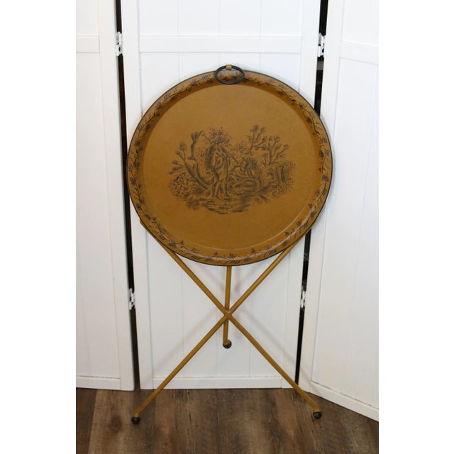 Mid 20th Century Mid-Century Italian Tole Tray Table in Yellow With Pastoral Figural Scene For Sale - Image 5 of 14