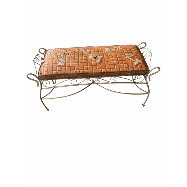 French Country Vintage One of a Kind Needlepoint Butterflies in Lattice Iron Frame Bench For Sale - Image 3 of 12