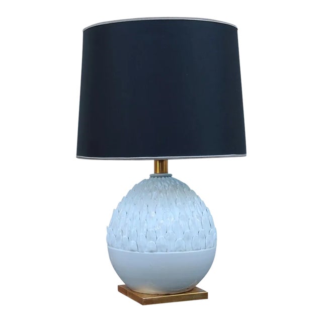 French Table Lamp with Pinecone in Porcelain, Brass & Black Silk in the Style of Maison Jansen, 1970s For Sale