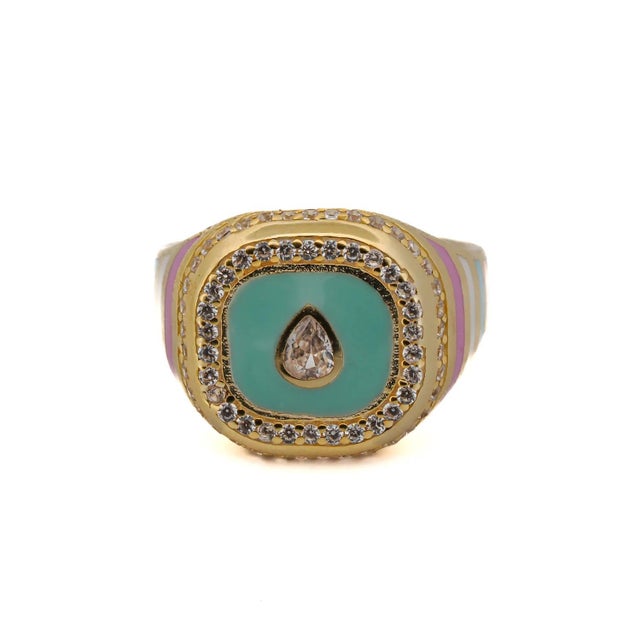 Contemporary Pastel Colors Diamond & Gold Spring Statement Ring, Size 8 For Sale - Image 3 of 7