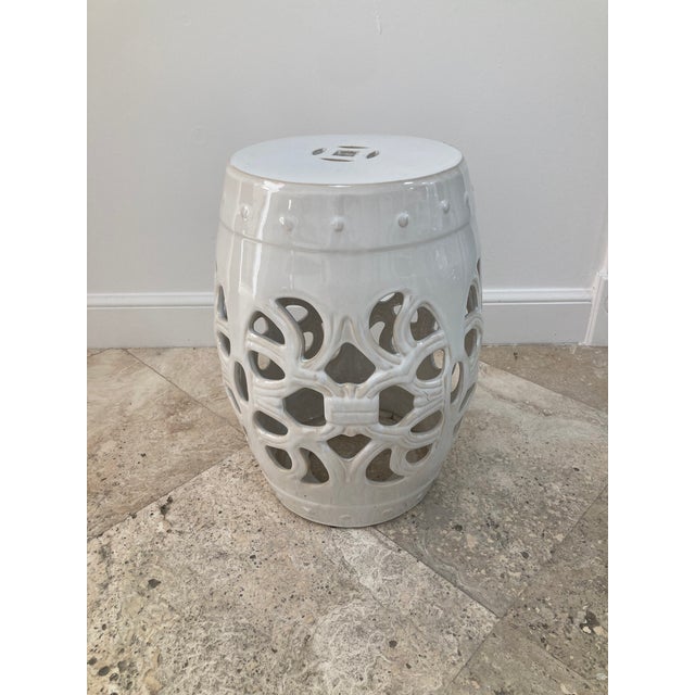 White Glazed Ceramic Boho Chic Garden Seat For Sale - Image 10 of 10