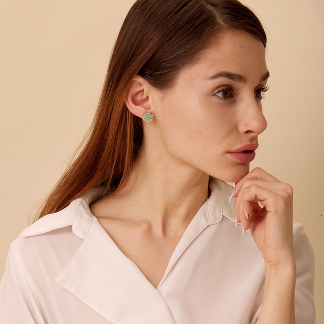 Contemporary Syna Yellow Gold Chrysoprase Earrings with Diamonds, a Pair For Sale - Image 3 of 4