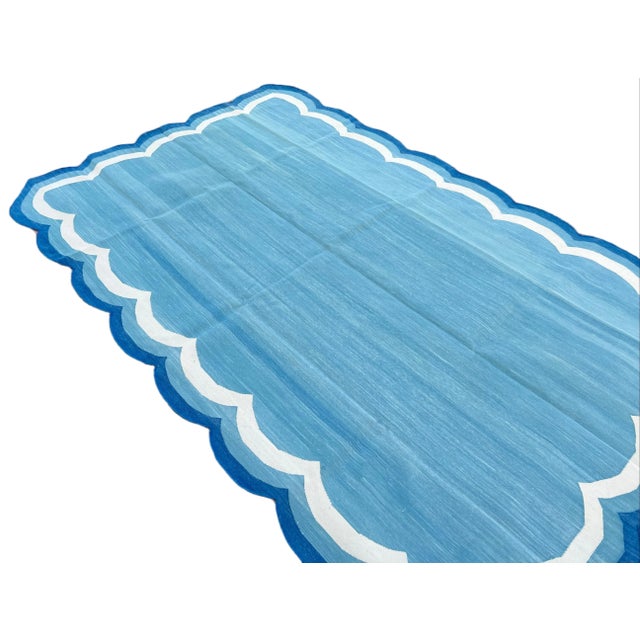 Textile Handmade Cotton Area Scalloped Rug Tiffany Blue, Cream and Indigo Blue Border Dhurrie - 10'x14' For Sale - Image 7 of 11