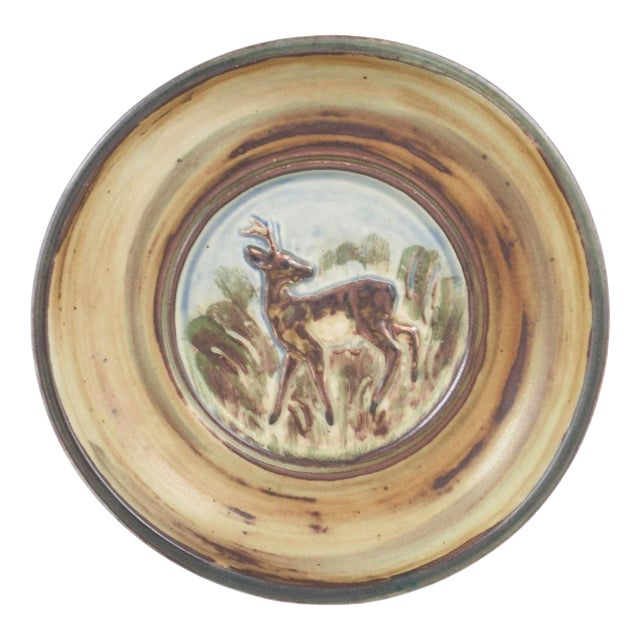 Vintage Round Stoneware Dish with Relief of Deer by Knud Kyhn for Royal Copenhagen, 1970s For Sale
